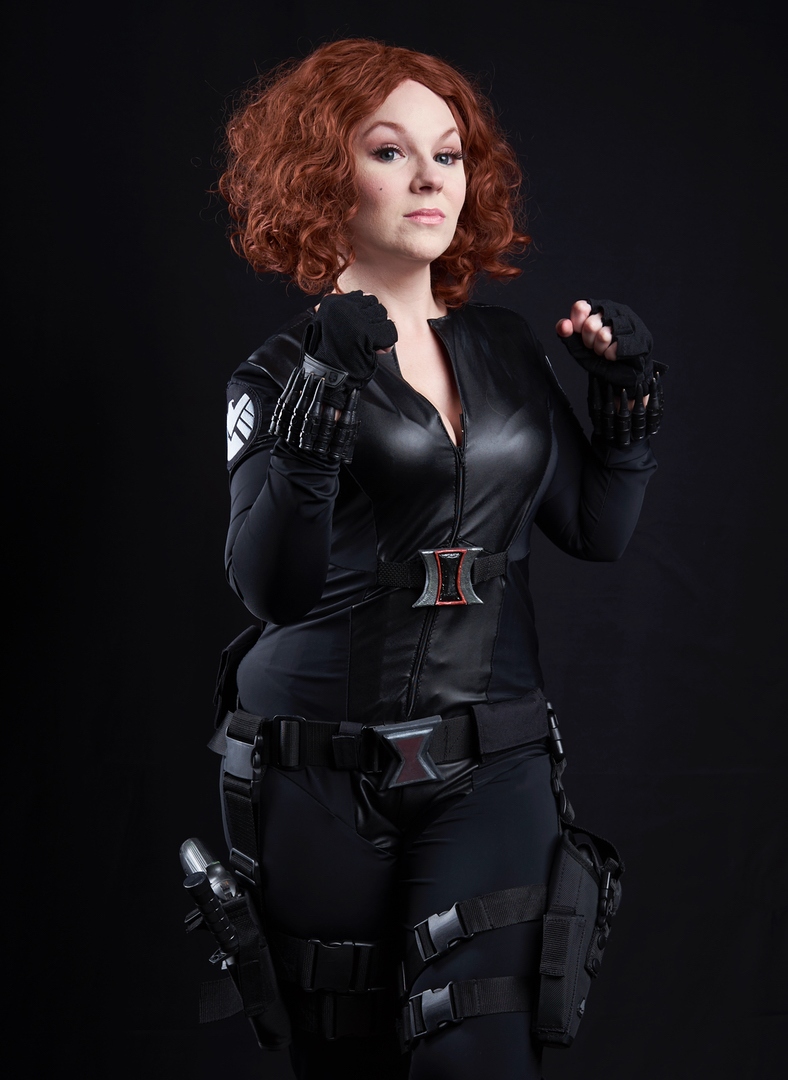 Black Widow- Marvel Used the Yaya Han body suit pattern and her fabric. The Widow symbols are made by me out of foam. Guns and bullets made by me.