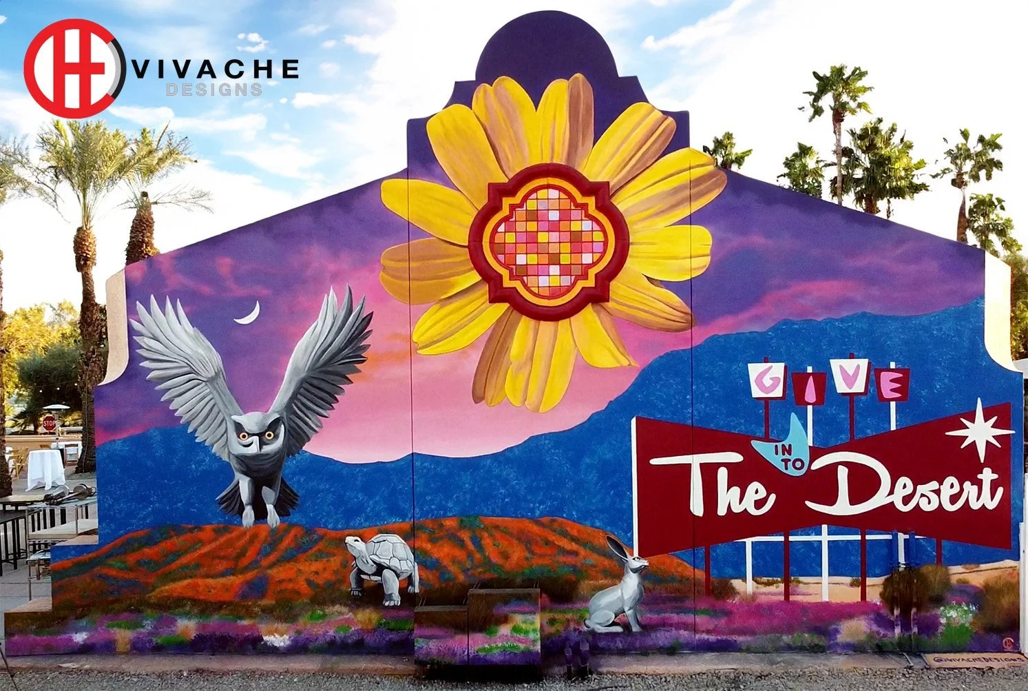 Give In To The Desert mural at The Westin Rancho Mirage, with a desert sunflower, burrowing owl, tortoise and jackrabbit, by Vivache Designs