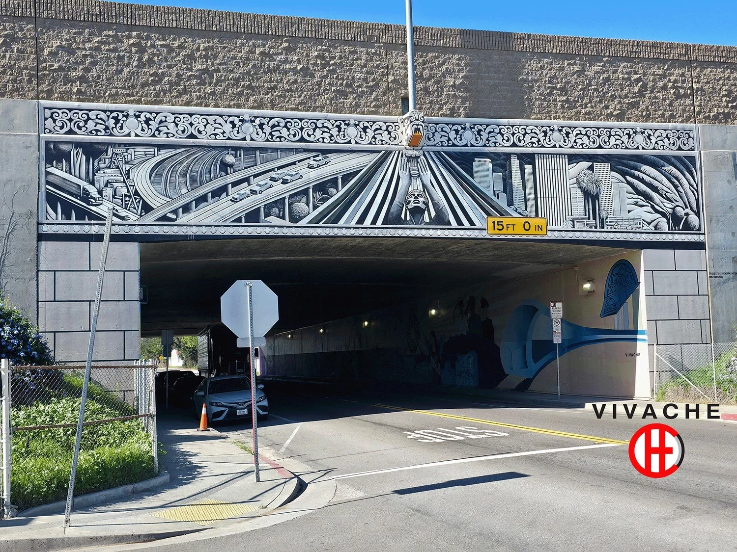 Pathways of Hope trompe l'oeil gateway mural at the Triggs Street underpass beneath the I-710 in Commerce, CA, by Vivache Designs