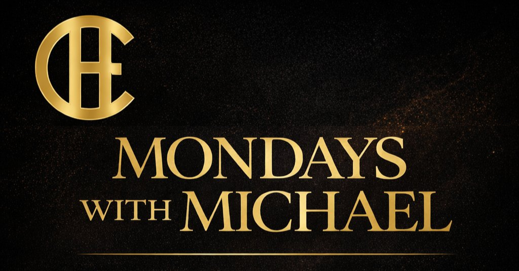 Black and gold promotional graphic for a show titled "Mondays with Michael" featuring artist name, with a gold circular logo with initials in the top left corner.