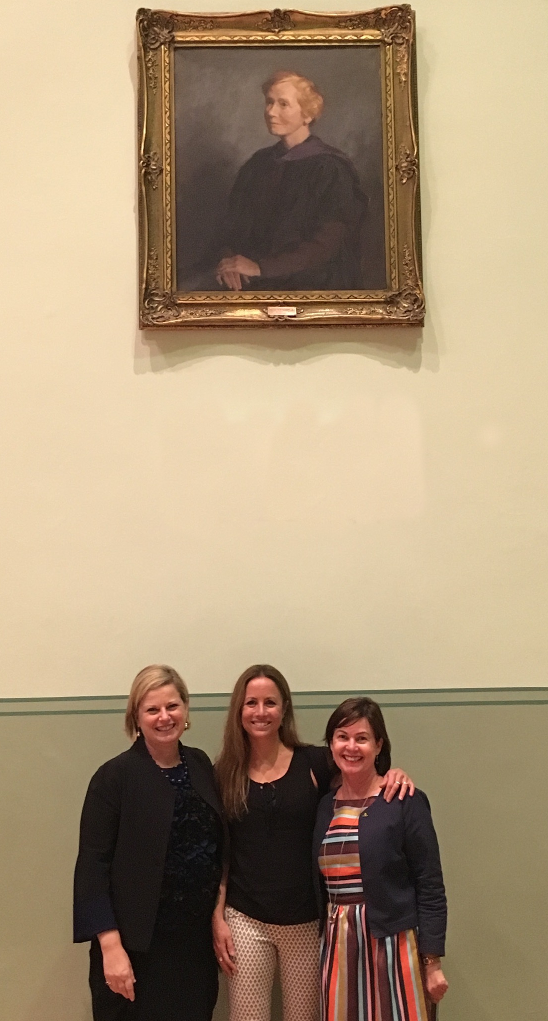 Mac.Rob Foundation Chair Debra Knight, Dr Clare Wright and Principal Dr Toni Meath with the portrait of Christina Montgomery in The Mac.Robertson Girls' High School Hall, 13 October 2016.