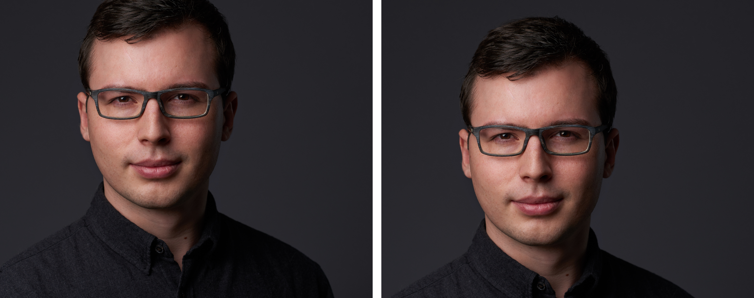 Die höhere Positionierung der Augen im linken Bild unterstreicht den selbstbewussten Gesichtsausdruck. Die Positionierung im rechten Bild wirkt dem entgegen.