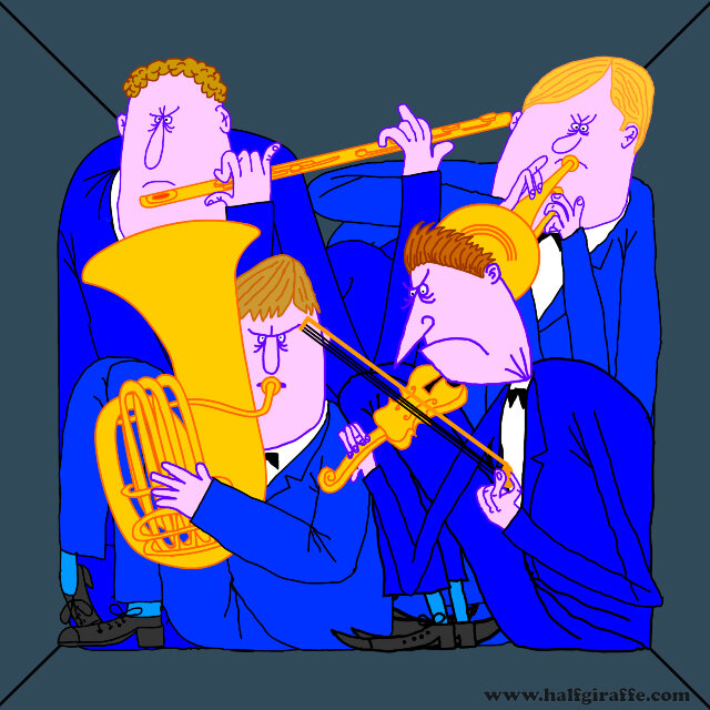 Balding musicians in a confined space
