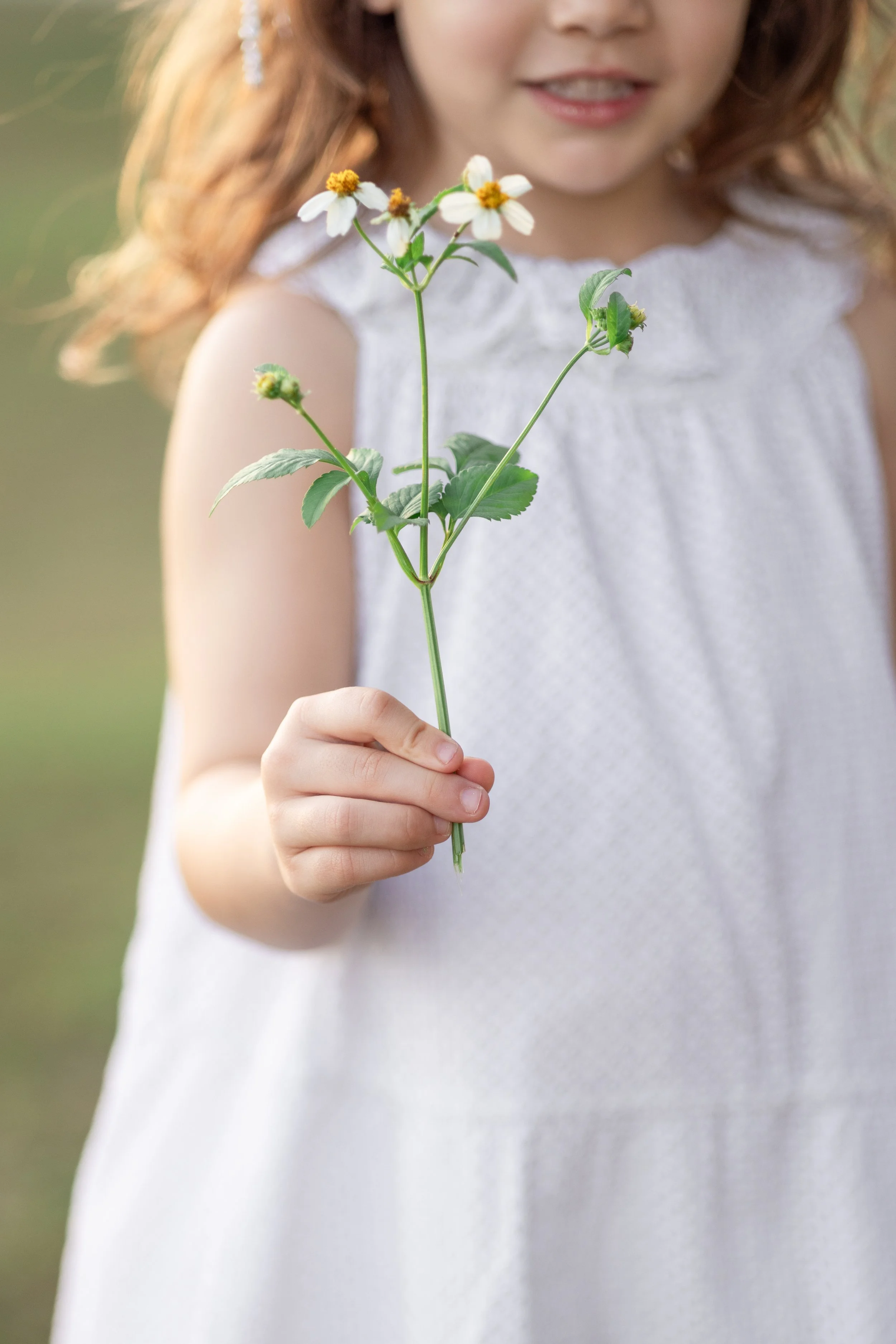 A young girl with long curly hair in a white dress holding a small flowering plant with white and yellow flowers, outdoors with blurred greenery in the background.