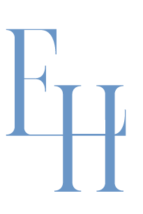 Stylized blue letter E overlapping with blue letter H on a black background.