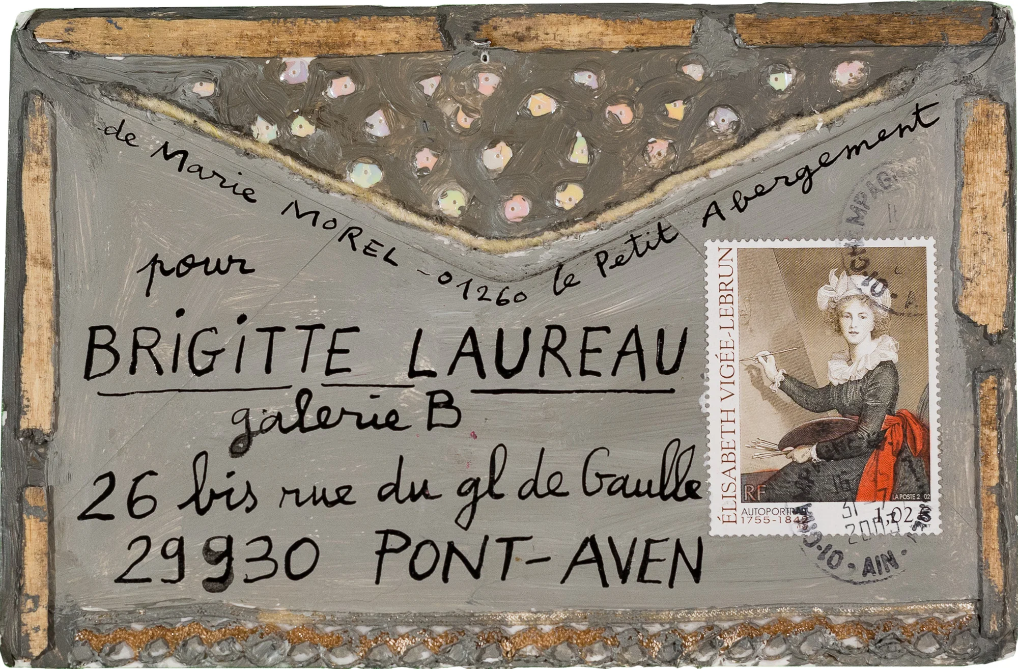 Enveloppes peintes par l'artiste Marie Morel pour sa galeriste Brigitte Laureau.