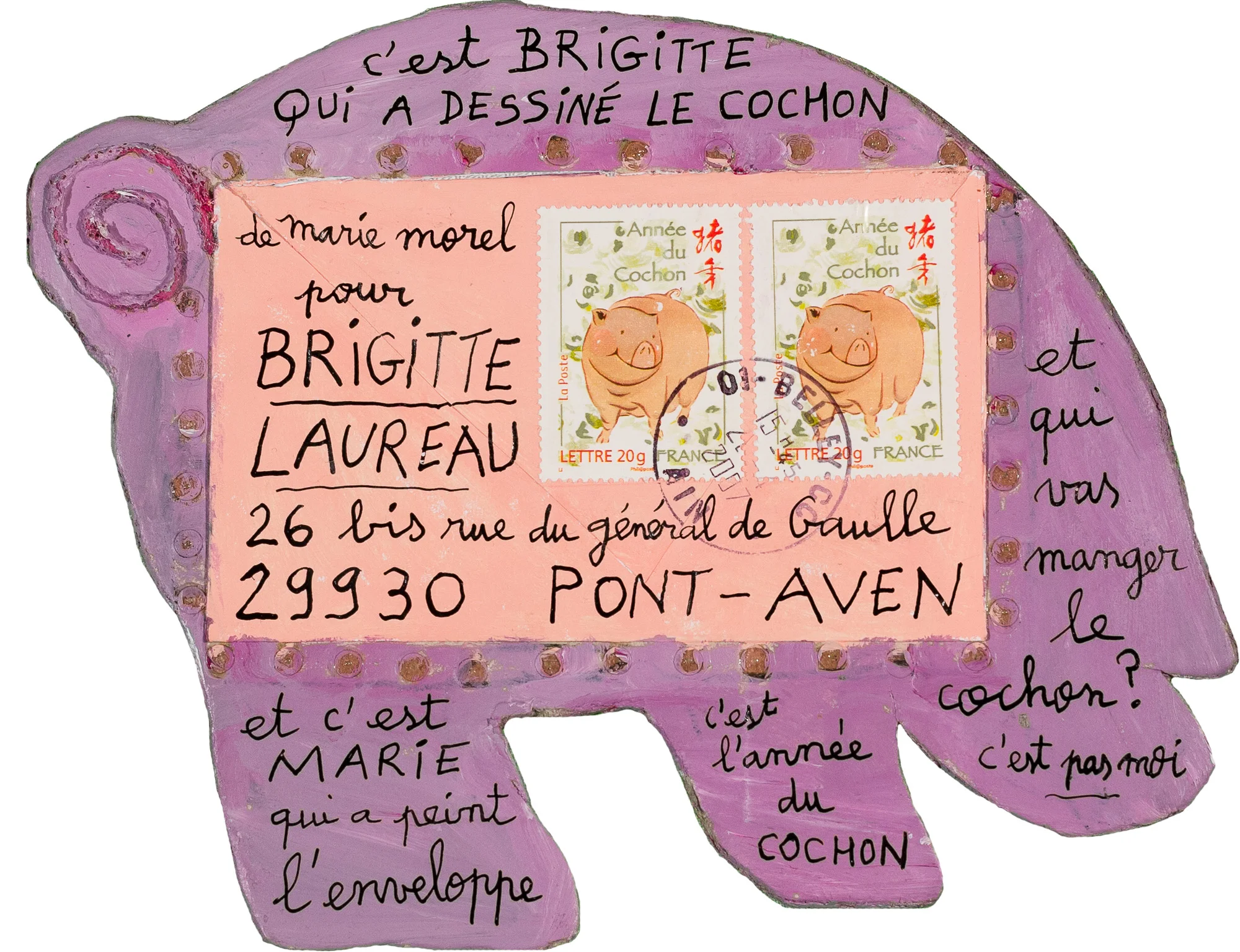 Enveloppes peintes par l'artiste Marie Morel pour sa galeriste Brigitte Laureau.
