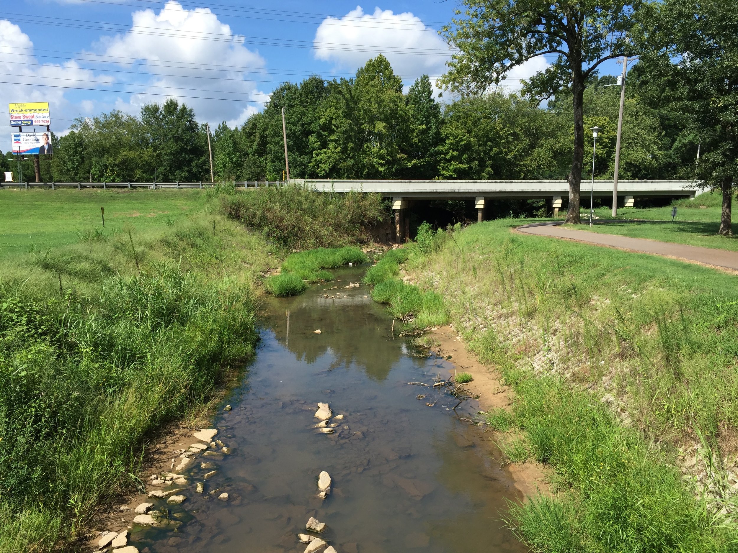 "After" photo depicting successful stabilization along Crooked Creek within Selmer, TN's City Park. Completed in 2014. Provided full civil site design, permitting through TDEC and the US Army Corps of Engineers, and construction administration.