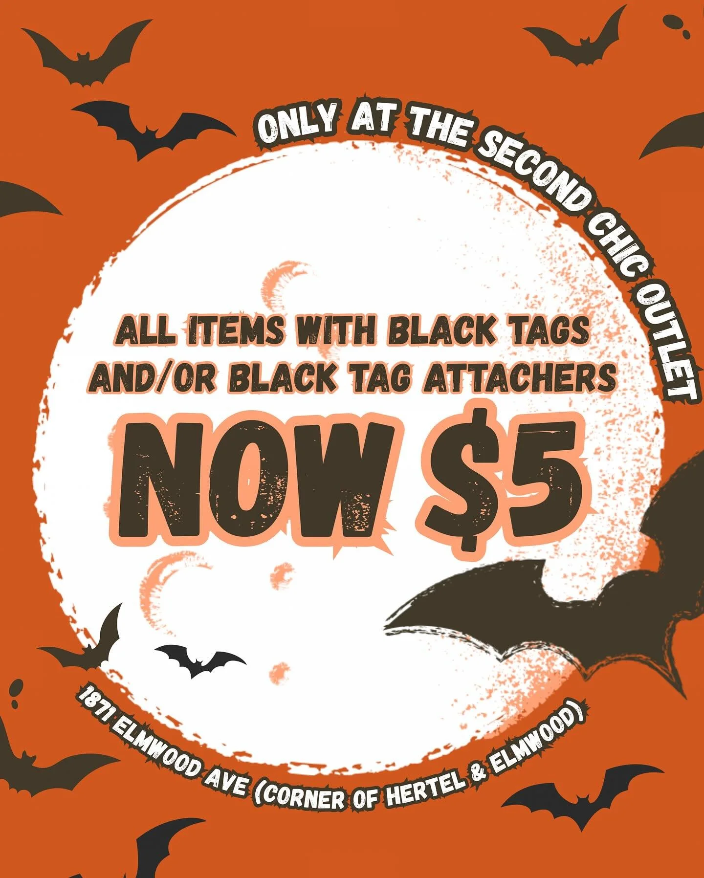 $5 SALE STARTS TODAY!!!!!! All clothing items with black tag attachers and accessories with black tags are now just $5 (+tax)! 🦇

Seriously! It&rsquo;s no trick! Come treat yourself! 🎃 Open 11-6 Mon-Sat &amp; 12-5 Sun!

#buffalothrifting #buffalode