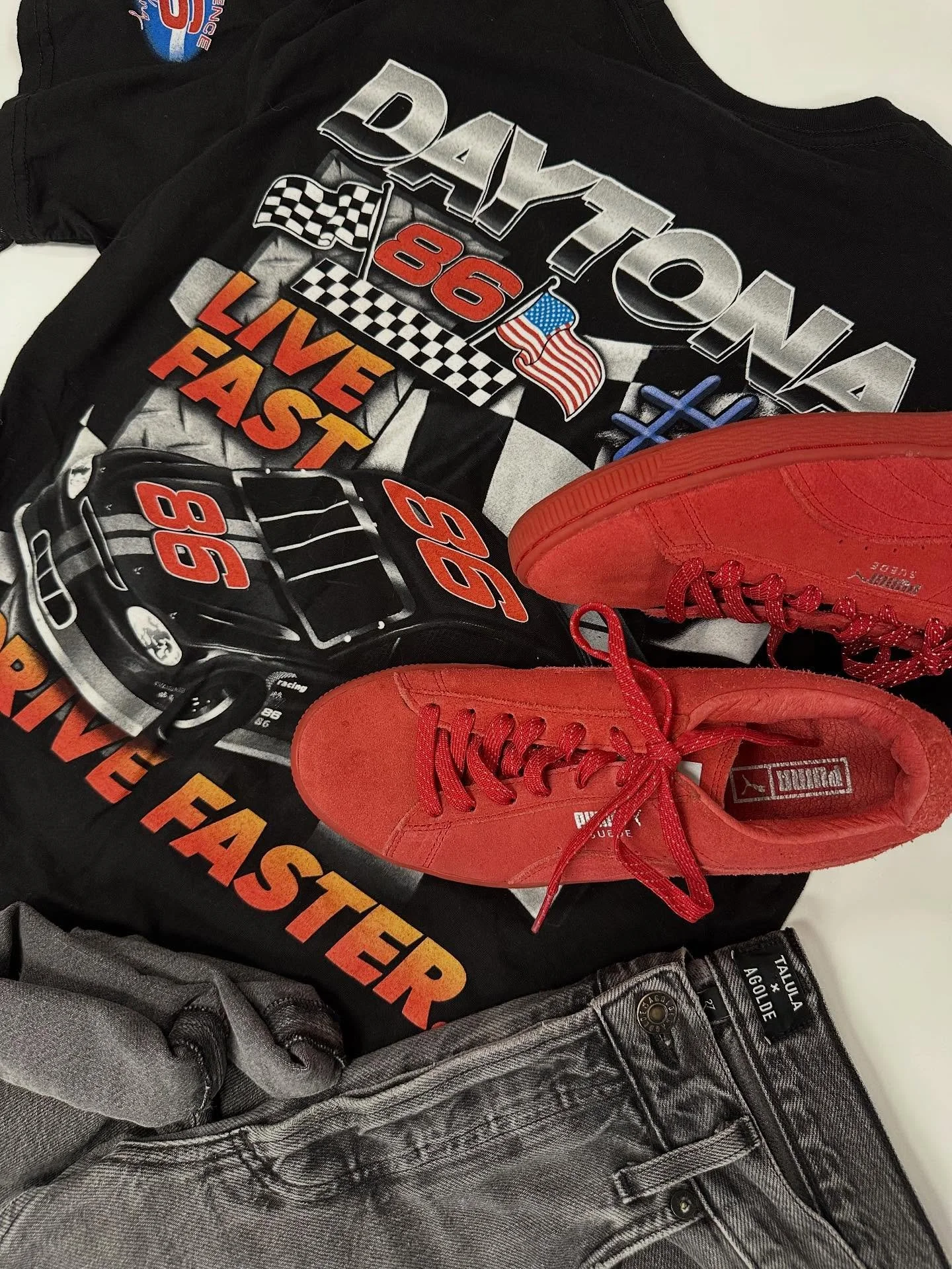 Zroom! Zroom! We got those real deals coming fresh out of the pit every day! Visit us from 11-6 most days, except Sundays from 12-5

Talula x AGOLDE Jeans (27) $25 &bull; Windsor Mesh Layering Shirt (S) $10 &bull; Daytona Racing Double Sided Tee (Uni