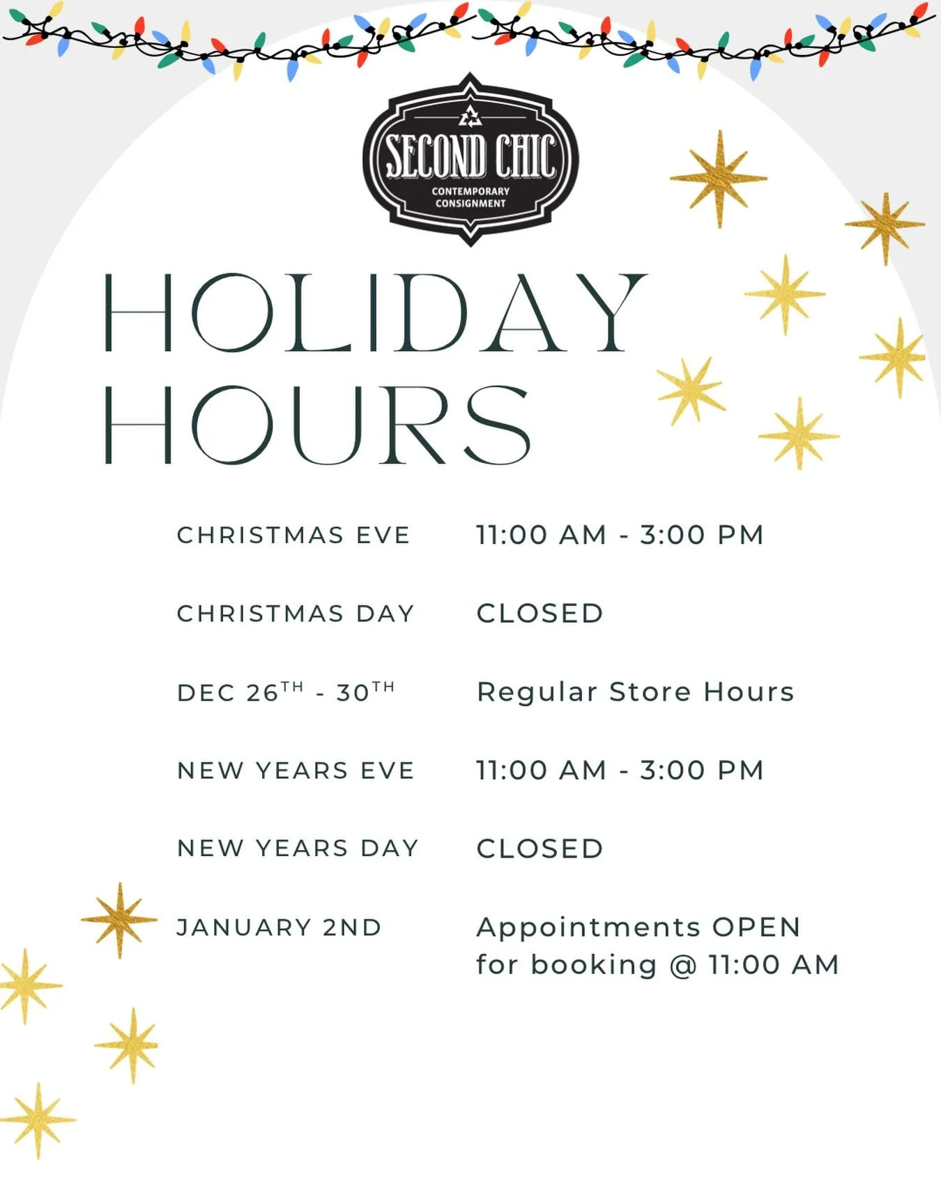 Second Chic Holiday Hours! Please note that consignment appointments for January will open on 1/2!! ☃️❄️✨