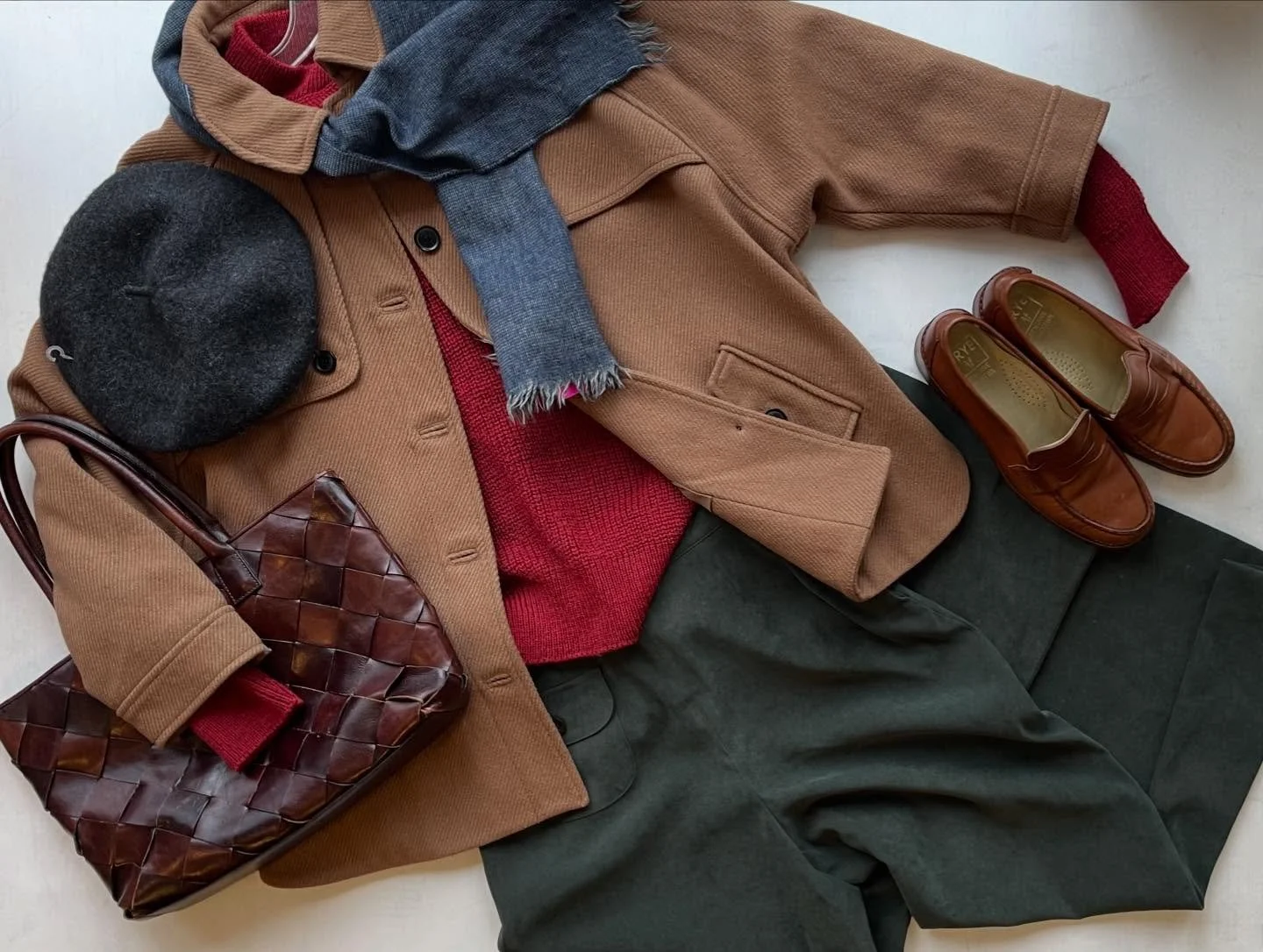 Layered coziness 

Mango wool blend cape, size large, $68
Vintage LL. Bean wool pullover, size large, $82
Christian Dior merino wool scarf $62
Wilson leather woven tote, $50
Green Harve Bernard pants, size 6, $26
Frye penny loafer, size 9.5, $50