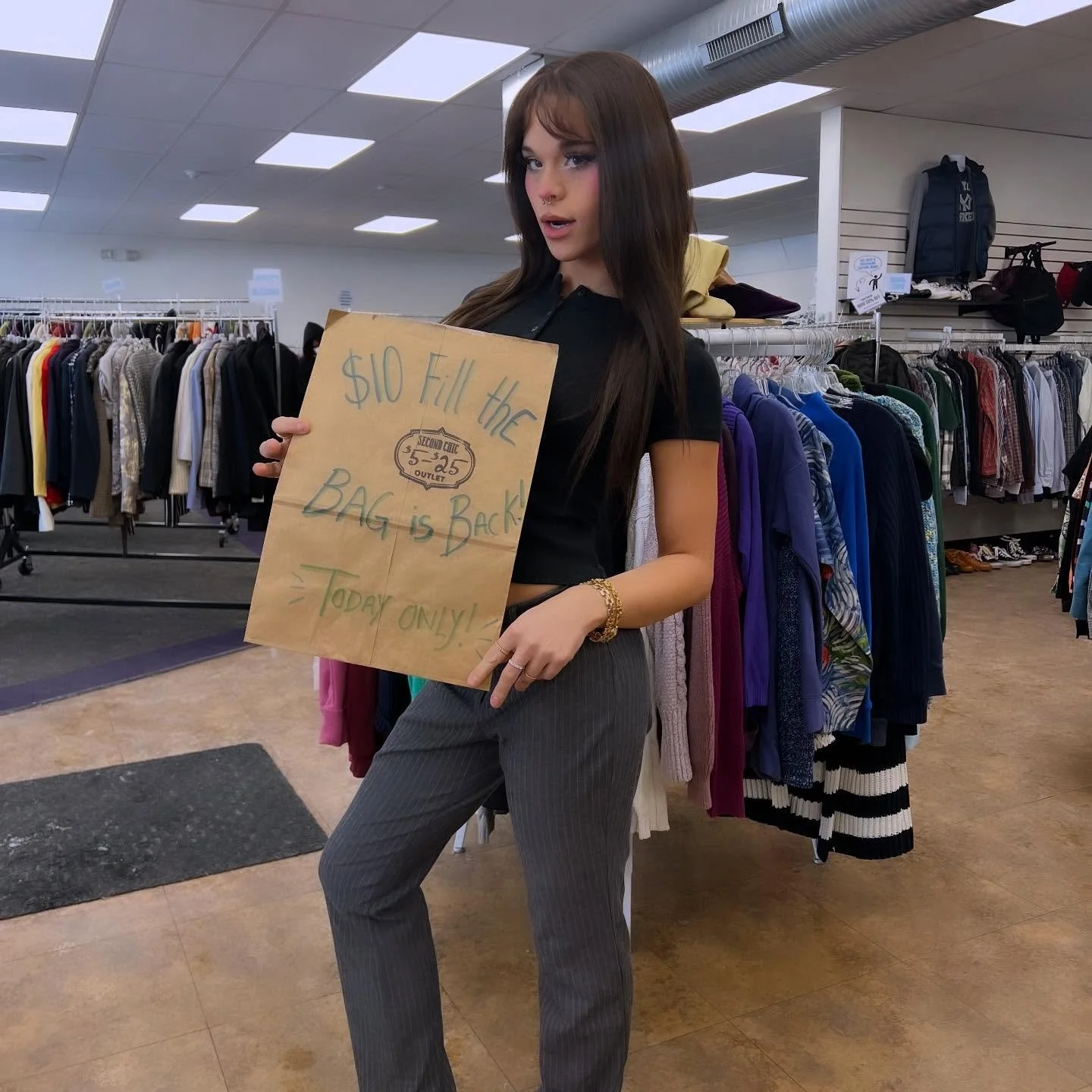 $10 FIL-A-BAG SALE!!!! 
Starting today! Come fill a bag full of goodies and shop with us! Here until 6pm ;) 🧣👗👚👠