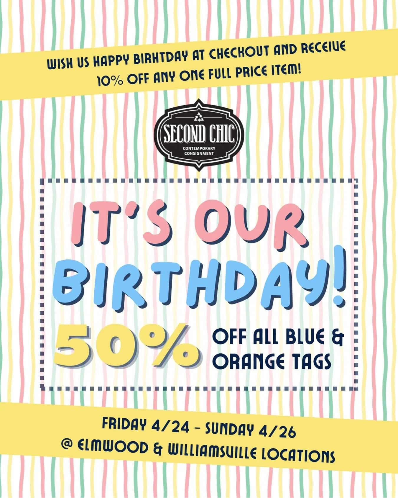 Elmwood is 16 and Williamsville is 11😦😦 

Come on by to both locations to celebrate with us! Half off blue and orange tags&hellip;and a special discount for those who give us birthday wishes and attention;) 10% off one full price item! 

Crazy to t