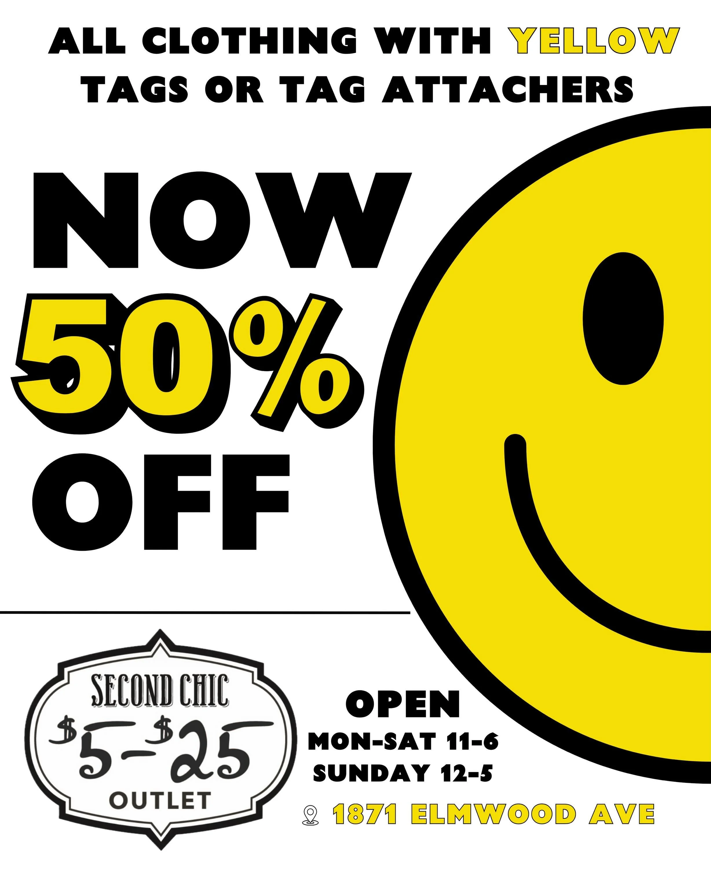 THIS JUST IN: hundreds of items freshly marked down to between $2.50 and $12.50!

All clothing and accessories with YELLOW tags or tag attachers (that little plastic piece that holds the tag to the clothing) are 50% off now!

Come get first dibs! Ope