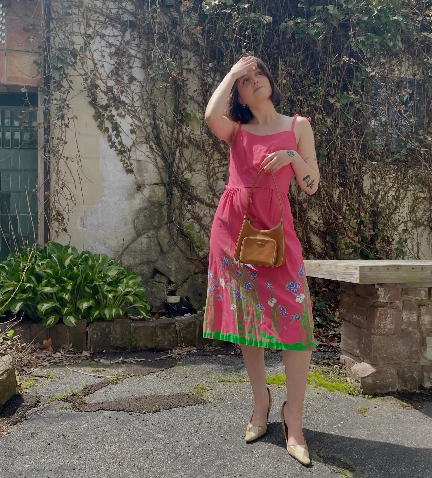 Summer vintage has arrived 👀☀️🩷 
Stop by during your porch fest ventures today 🌷 we&rsquo;ll be here from 11-6!

Shop the look: 

Dress: VNTG Malia (size S) $48
Purse: VNTG Nine West faux leather mini bag $26
Shoes: VNTG Paul Melian patchwork pump
