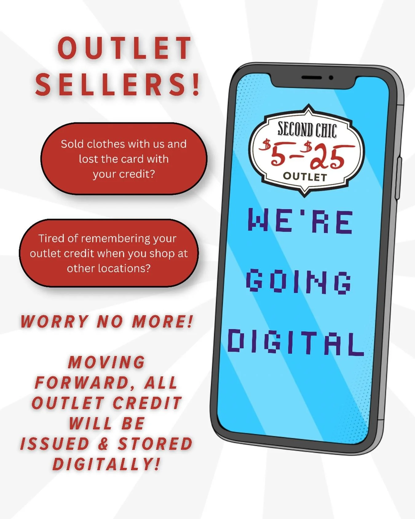 The time has come to move on from our physical Outlet credit system! No more cards!! Everything will be stored and issued digitally for you to keep track of and spend at any Second Chic location! 

Moving forward, when you sell with the Outlet we wil