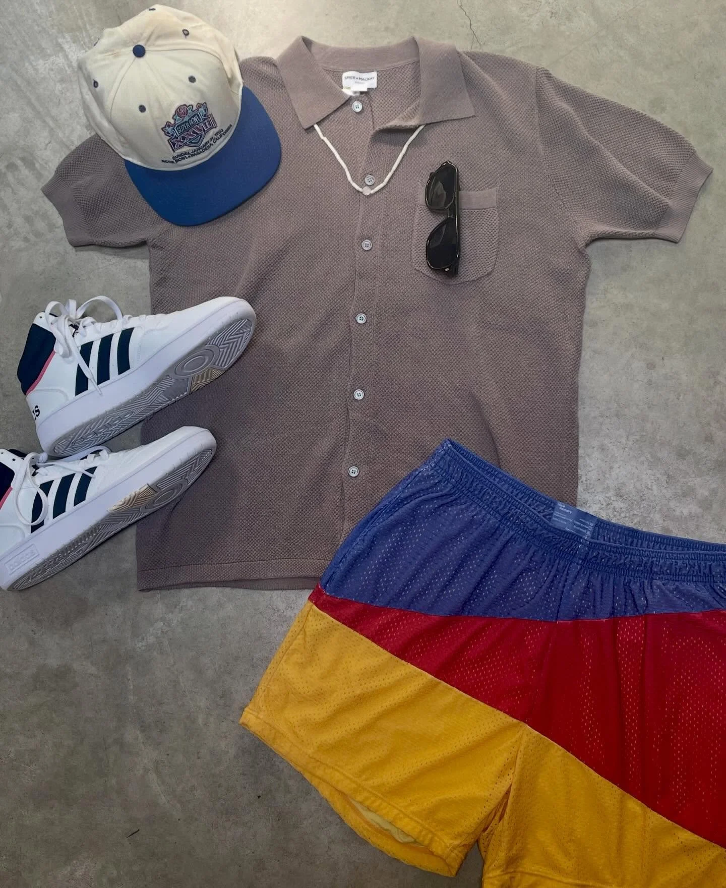It&rsquo;s masc summer bbbbaby 🕶️☀️

About the outfit: 

Top - Spier &amp; Mackay linen/cotton button down (M, $32)
Shorts - Nice Laundry color block mesh shorts (L, $24)
Sneakers - Adidas hoops 3.0 (11, $45) 
Hat - VNTG Super Bowl XXVII (Now $21)
N