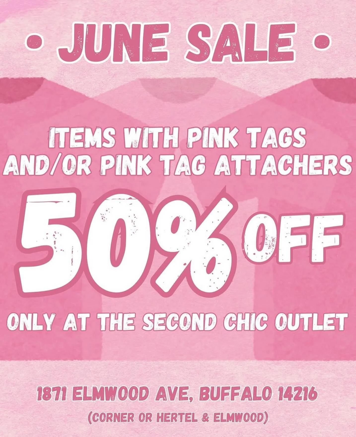 Pop by our outlet location for the newest sale color - PINK 💗🧠👛 all items with pink tags or pink tag attachers (those plastic pieces that connect the tags to the clothes) are now 50% OFF!