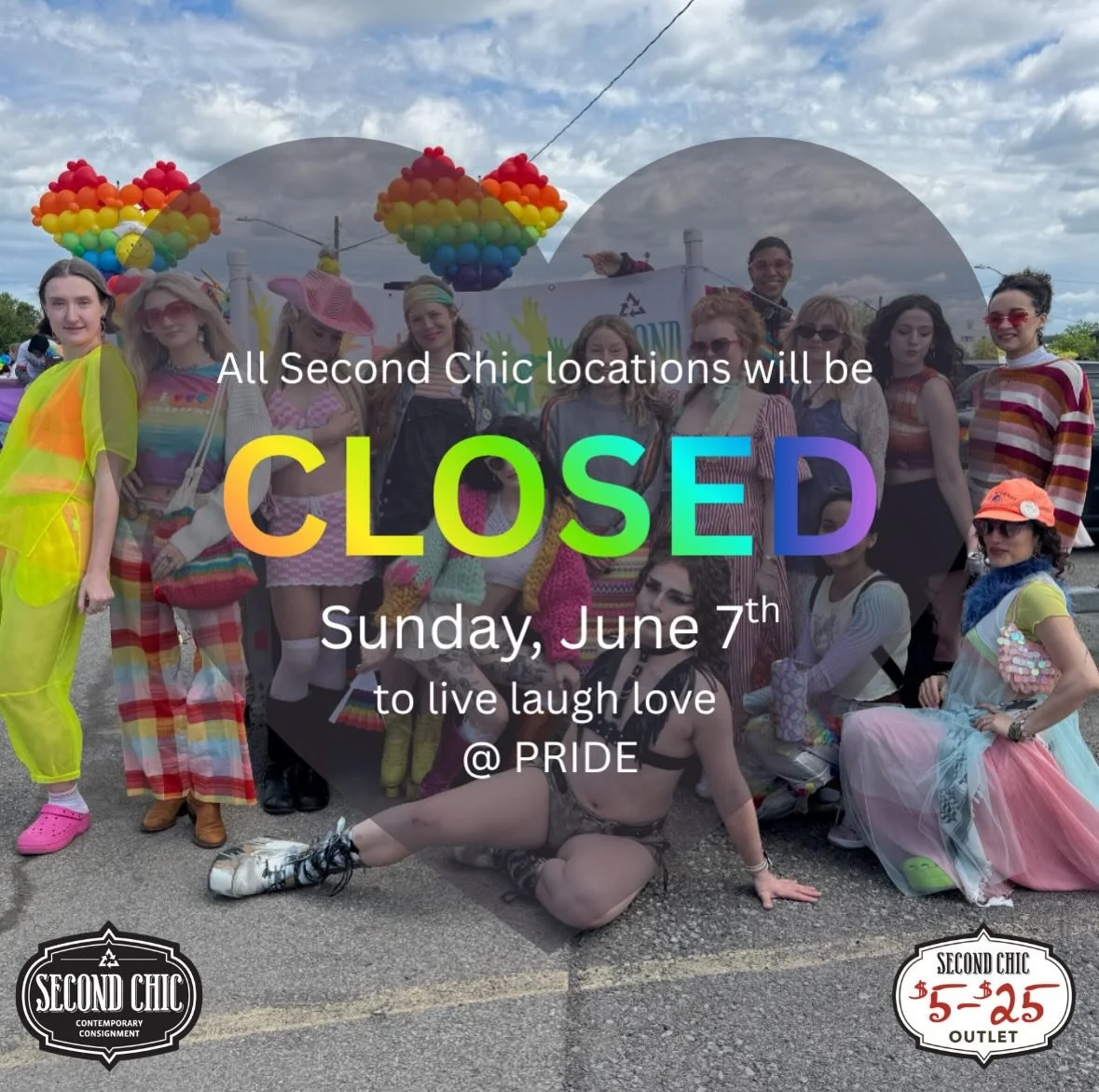 Taking the day off to be in the gay parade💘🏳️&zwj;🌈

Go wear your Second Chic finds and frolick with your friends! We&rsquo;ll see you out there🦋🧚

All locations are CLOSED Sunday, June 7th. No consginment appointments or outlet taking will be c