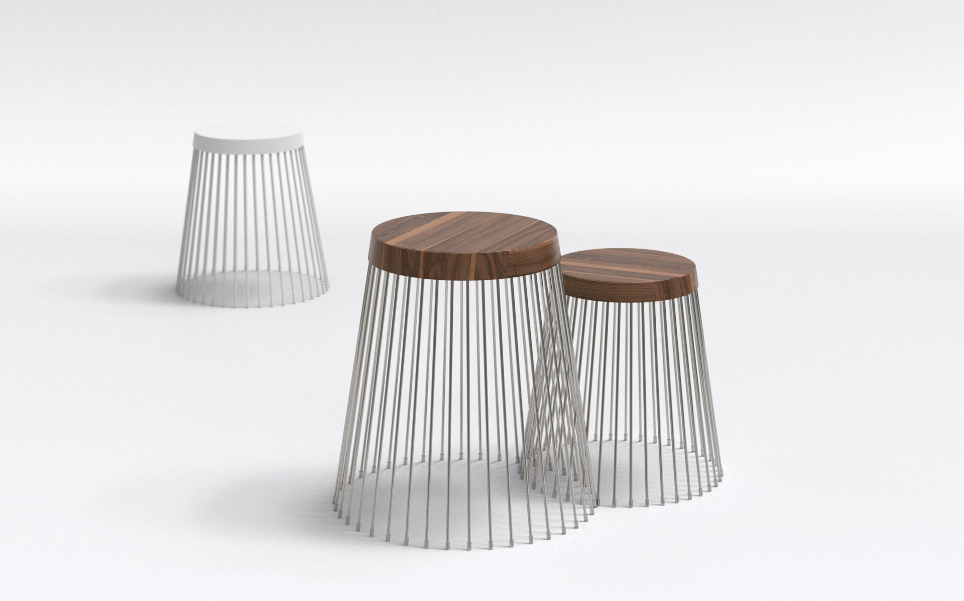 An assembly of solid wood disks and nickel-plated steel wire provide a place for a drink or a visual stop. The jutting wire ends of each table mesh together and intersect forming a playful detail when the compact tables are nested in pairs or cluste