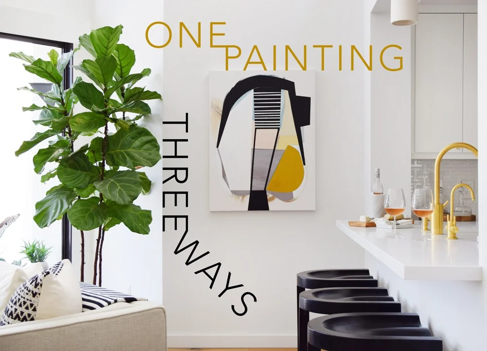 Dear Art Lovers, Over the years, something I’ve found inescapable in my design work is the practice of moving stuff around (aka playing) until I find just the perfect spot for every piece of furniture. You can make all the plans and layouts and plans you want, but sometimes when you get into a space the furniture wants to be arranged in a completely different way than you might have expected. In my experience, this is what separates the really good designers who create really authentic looking, attractive spaces from the designers who create boring, cookie-cutter spaces that lack character. While I spend a lot of time lugging sofas around whilst sweating my face off, I also tend to move art around quite a bit, too. So when Saatchi Art approached me about collaborating with them on their #NoBlankWalls campaign, I thought this could be a fun learning moment to chat about the importance of trying out art in different spaces before committing to a permanent location (sidenote: in my house, nothing is permanent. I move art around all the time). After browsing the Saatchi site (which has over 500,000 works on it), I quickly became obsessed with the work of Alyson Khan. I ended up choosing a lovely piece with a gorgeous pop of ochre in it. The first room I tried it in was the guest room, which has an amazing Japanese screen I’m obsessed with and other gold accents. The room has a bit of a rustic feel, with a vintage desk and an antique wooden crate, so I liked that the painting brought in a modern, graphic vibe. Alyson’s paintings are painstakingly perfect. A few process shots she sent me show the lovely details of the painting and how she tapes off her lines to get them crisp and perfect. A lot of people have been asking me about this desk lately. It actually belonged to Edouard’s grandfather and is by a French designer named Pierre Paulin. It’s a great piece and a lovely place to sit and get some work done while thinking about how much I love France. The next place I tried the painting was upstairs in our TV loft. We have a cute little loveseat up there that we literally never sit on (the larger sofa is way more cozy). The painting looked a little out of place so I added a gold accent pillow and an ochre throw to make it feel a bit more cohesive. The ivory accent pillow is from Loloi and it makes my blood boil with desire every time I look at it. Finally, I tried the piece in the living room, right next to the breakfast bar. One thing that I love about it in here is that it reflects the color in the beautiful Cleon Peterson print we have hanging across the room. I also love how deliciously the painting goes with my crazy gorgeous Waterstone faucet. That faucet ended up being WAY more expensive than we wanted it to be, and we kind of debated about it for months because it seemed ridiculous, but it was a splurge that makes me happy on a daily basis so it was worth it. See? Doesn’t it tickle you to see that faucet being like “HAY GURL” to the painting? And the painting’s all “THAT’S RIGHT.” I’m not sure which location I’m going to keep the painting in, so please leave your vote for your favorite in the comments.