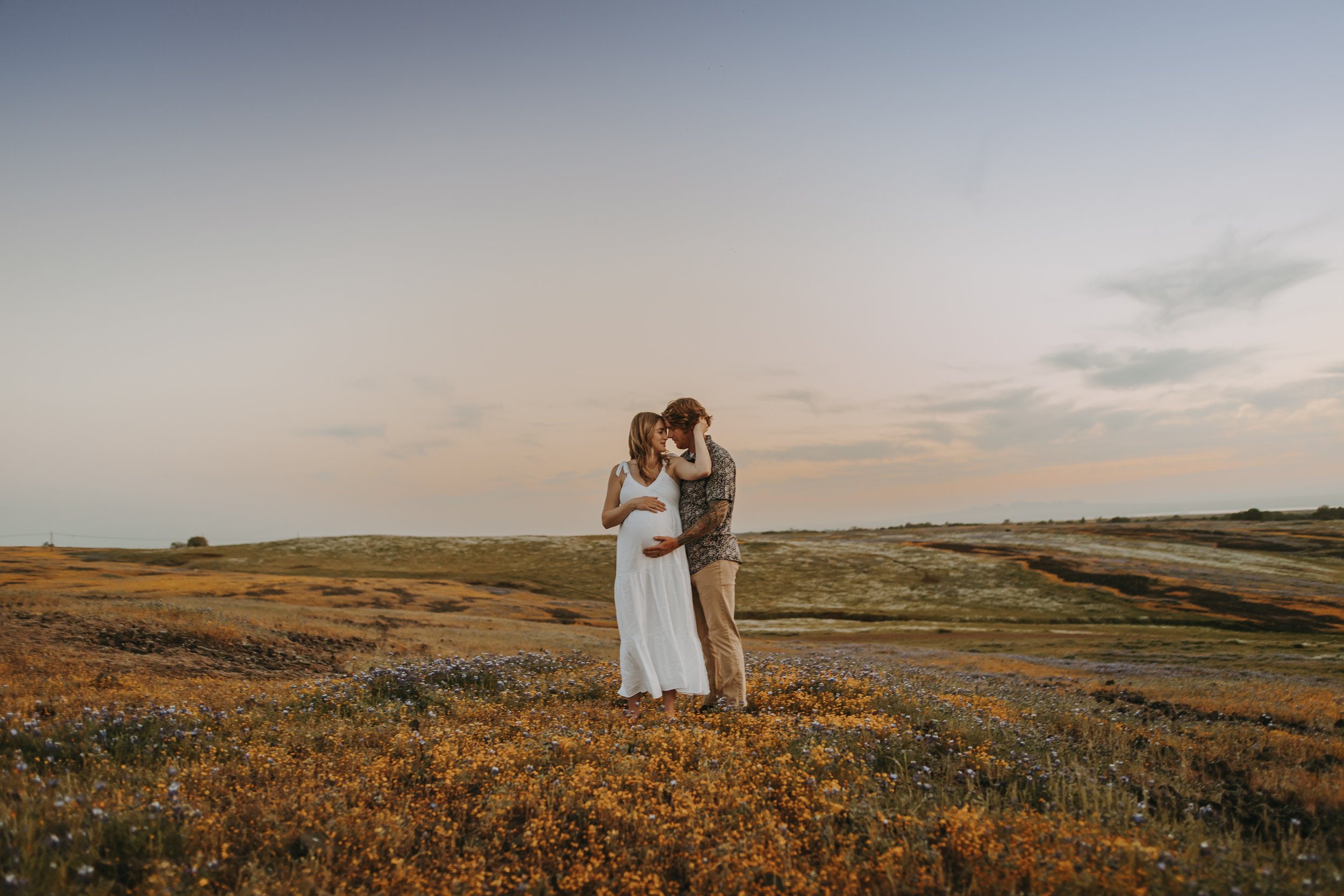 A couple standing outdoors in a field of yellow and purple flowers at sunset, with the man holding the woman's pregnant belly and both touching foreheads.