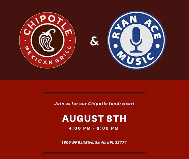 Today is our Chipotle fundraiser! If you mention our name, a percentage of the profits go towards the Ryan Ace Foundation, which supports disadvantaged kids in their pursuit of music. #Chipotle #RyanAceMusic