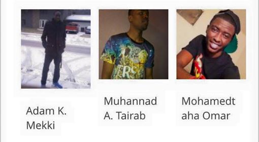 Photo Description: From left to right, three separate images of young men with their names, below. "Adam K. Mekki" stands before the street with his body in full view. He faces the camera and is fully dressed for cold weather, hands in pockets. A home with two vehicles out of focus in the background. "Muhannad A. Tairab" stands looking away from the photographer in slight amusement. "Mohamedt aha Omar" smiles directly at the camera, leaning forward, with his hat back and at an angle.