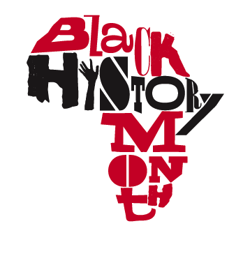 Image Description: The words "Black History Month" are laid out in the shape of the continent of Africa. "Black" and "Month" are both in red, "History" is in black. The "i" in "History" is a forearm and hand, reaching up. All the other letters seem to each be a different font.