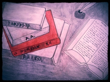 Image Description: Drawing, on left, four books stacked loosely, titles not easily legible. The initials "A.A." and the title "Paradox" are legible. A book on the left lies open with blurred words, and a quill just above, to the left, in an ink pot.