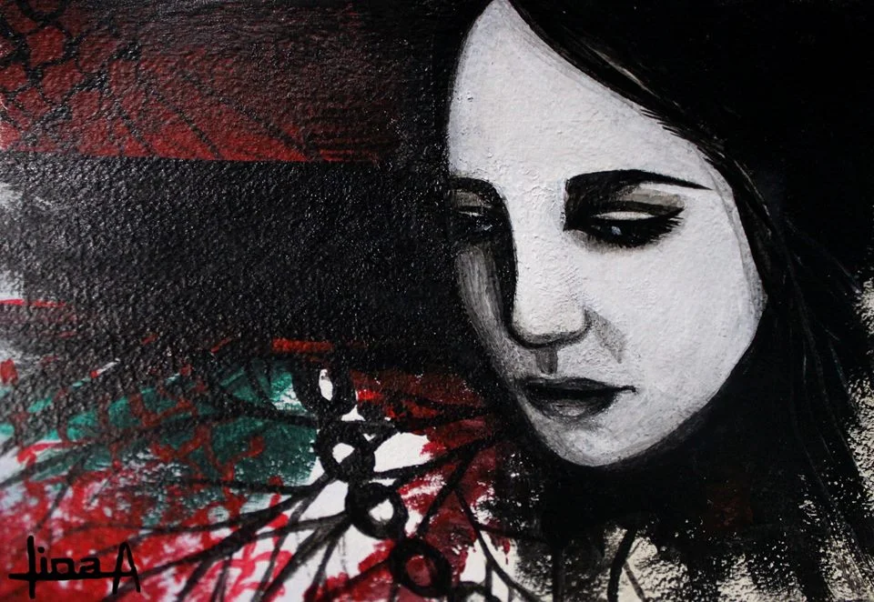 Art Description: In this painting by Lina A. (signed on lower left) a woman's face in black and white, with a tinge of blue in the eyes, looks down with a forlorn emotion. The left side of the painting has a black stripe with textured red and black above. Below the stripe some green texture overlaid with black branches, a chain, and some red texture. Lina Abojaradeh Art- https://www.facebook.com/linaabojaradehart