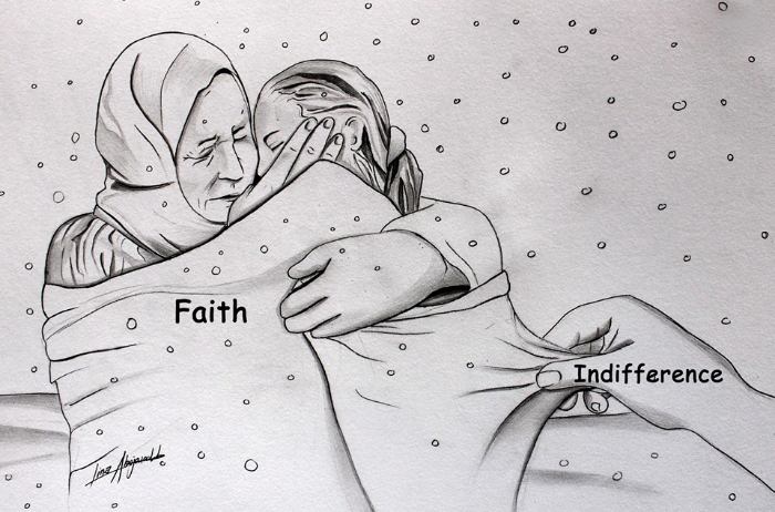 Art Description: A black and white sketch - inking of snow falling over a mother-figure with arms around a young girl, they are both wrapped in a blanket and the word "Faith" is over laid. To the left, a hand is pulling the blanket off the girl with the overlaid word "Indifference". Lina Abojaradeh has signed on the lower left. Lina Abojaradeh Art- https://www.facebook.com/linaabojaradehart