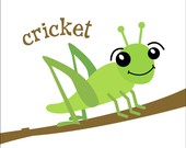 Image Description: Cartoon image of a green cricket on a brown branch. The cricket is smiling and has eyebrows that are above it's head. A label of "cricket" above it.