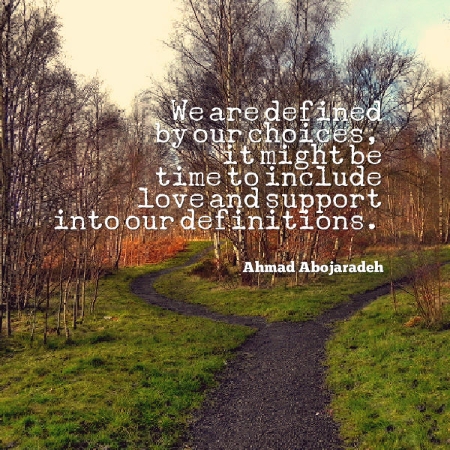 Photo Descriptioni: An autumnal scene. There is a dark grey gravel path from the foreground that leads between green grass and dormant leave-less trees. The path splits halfway to the horizon, into two paths, creating a grassy island between them, with more dormant trees. The shy above is pink and blue. Ahmad's quote "We are defined by our choices, it might be time to include love and support in our definitions".