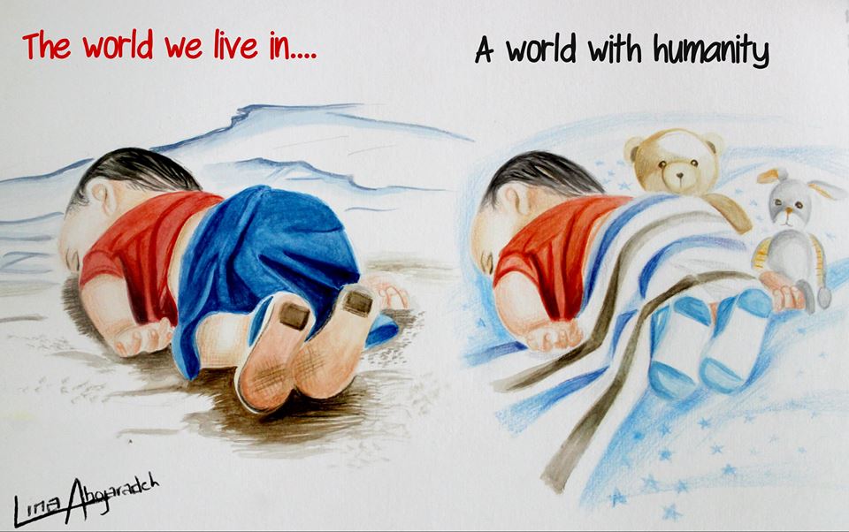 Art Description: Two similar images side by side. On the left a baby lay asleep on the beach with waves near it's head, uncovered, with a red t-shirt and blue bottom, still wearing the shoes. The image on the right is a baby covered in a blanket, sleeping on a white bed of blue stars, covered in a striped blue, white, and brown blanket, wearing socks, and accompanied by two stuffed animals, a teddy bear and bunny. Signed in the bottom left, Lina Abojaradeh. https://www.facebook.com/linaabojaradehart