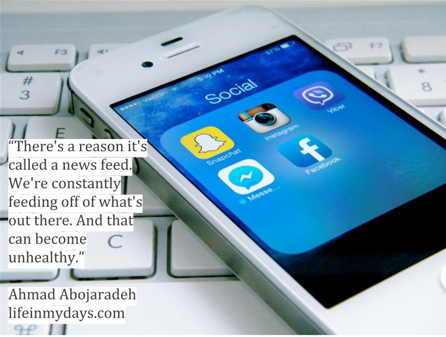 Social Media Apps fill a phone, which is lying on a keyboard, with the quote " There's a reason it's called a news feed. We're feeding off of what's out there. And that can become unhealthy."