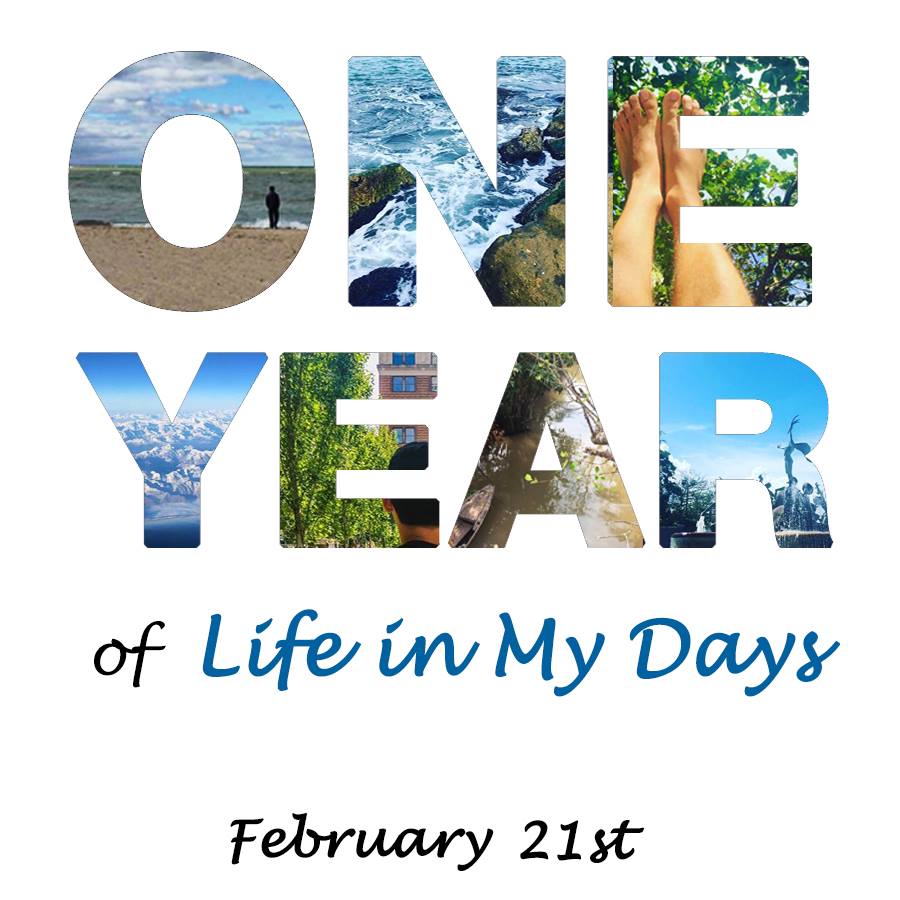 Image Description: The words "One Year", each letter made from a photo of a previous post by Ahmad Abojaradeh. O = beach scene with a man's silhouette at the coastline, N = ocean splashing on jagged rocks, E = feet in the air, yoga pose from beach yoga, Y = clouds and mountains from above, on a plane, E = photo from the "Belong" page of the website, showing a man walking away with his arm outstretched behind, as if beckoning the viewer to take his hand and share the experience, A = a boat in muddy water, in Vietnam, R = snowy treetops against a blue sky. Graphic created by Lina Abojaradeh