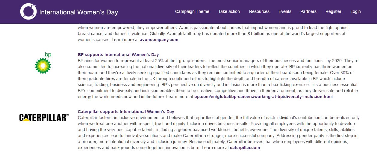 Photo Description: A screenshot from the Partners page on the International Women's Day website https://www.internationalwomensday.com/