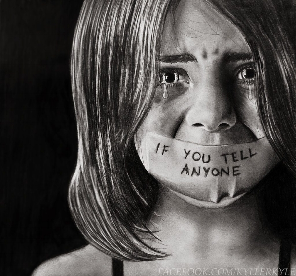 Tears flow from a child staring into the camera with duct tape around her mouth reading IF YOU TELL ANYONE. Photo source: facebook.com/Kyllerkyle