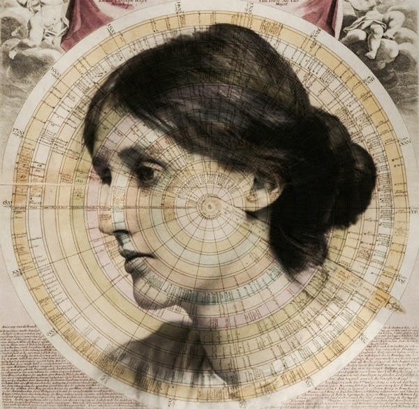 Virginia Wolf stares off thoughfully to the side with an old clock wrapped around her, reaffirming her theory about the elasticity of time.