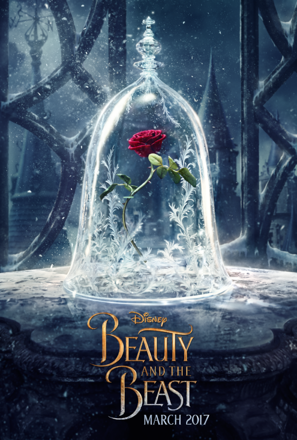 Disney's Beauty and the Beast Poster March 2017. A red rose stands in a glass cover, with snowflakes falling all around, and a castle in the background. 
