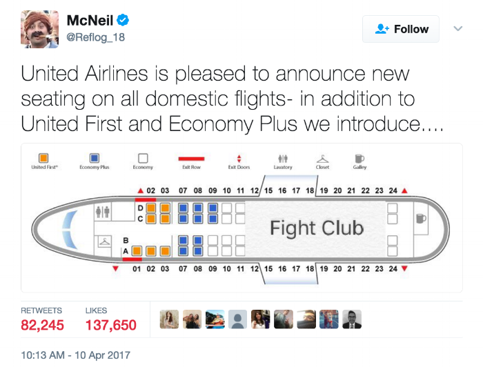 Picture Description: A screenshot of a tweet from McNeil @Reflog_18 stating "United Airlines is now pleased to announce new seating on all domestic flights- in addition to United First and Economy Plus we introduce..." Underneath is a seating layout of a 24 row plane, with rows 12-24 reserved for Fight club. 