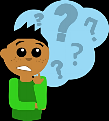 Image Description: Left stands a cartoon image of a boy looking uncertain before a black background and a blue through cloud filled with grey question marks of varying shapes and sizes.