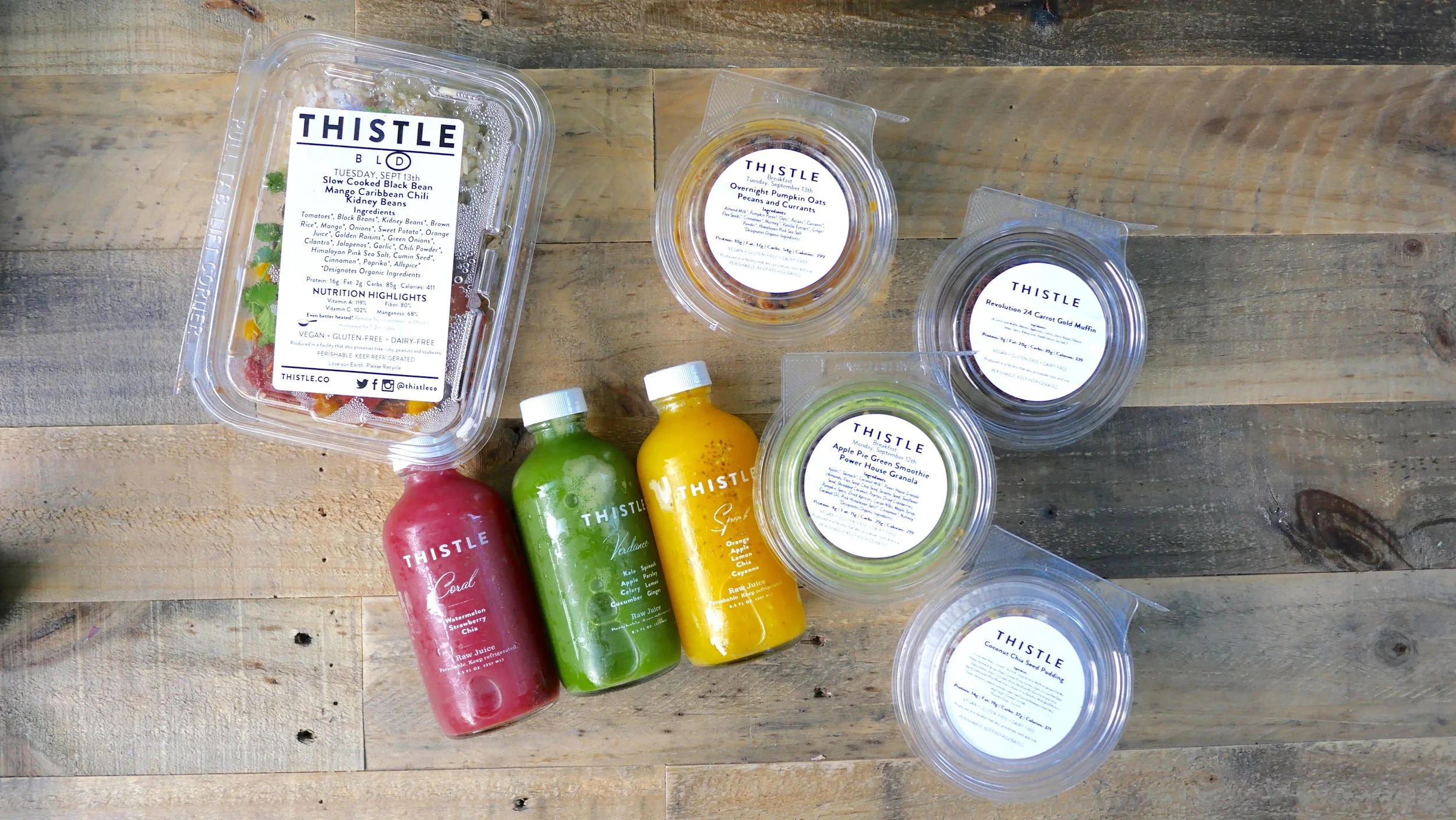 Pictured: Coral: Watermelon | Strawberry | Chia (Seasonal availability) ,Verdance (green): Kale | Apple | Celery | Cucumber | Spinach | Parsley | Lemon | Ginger , Spark: Orange | Apple | Lemon | Chia | Cayenne