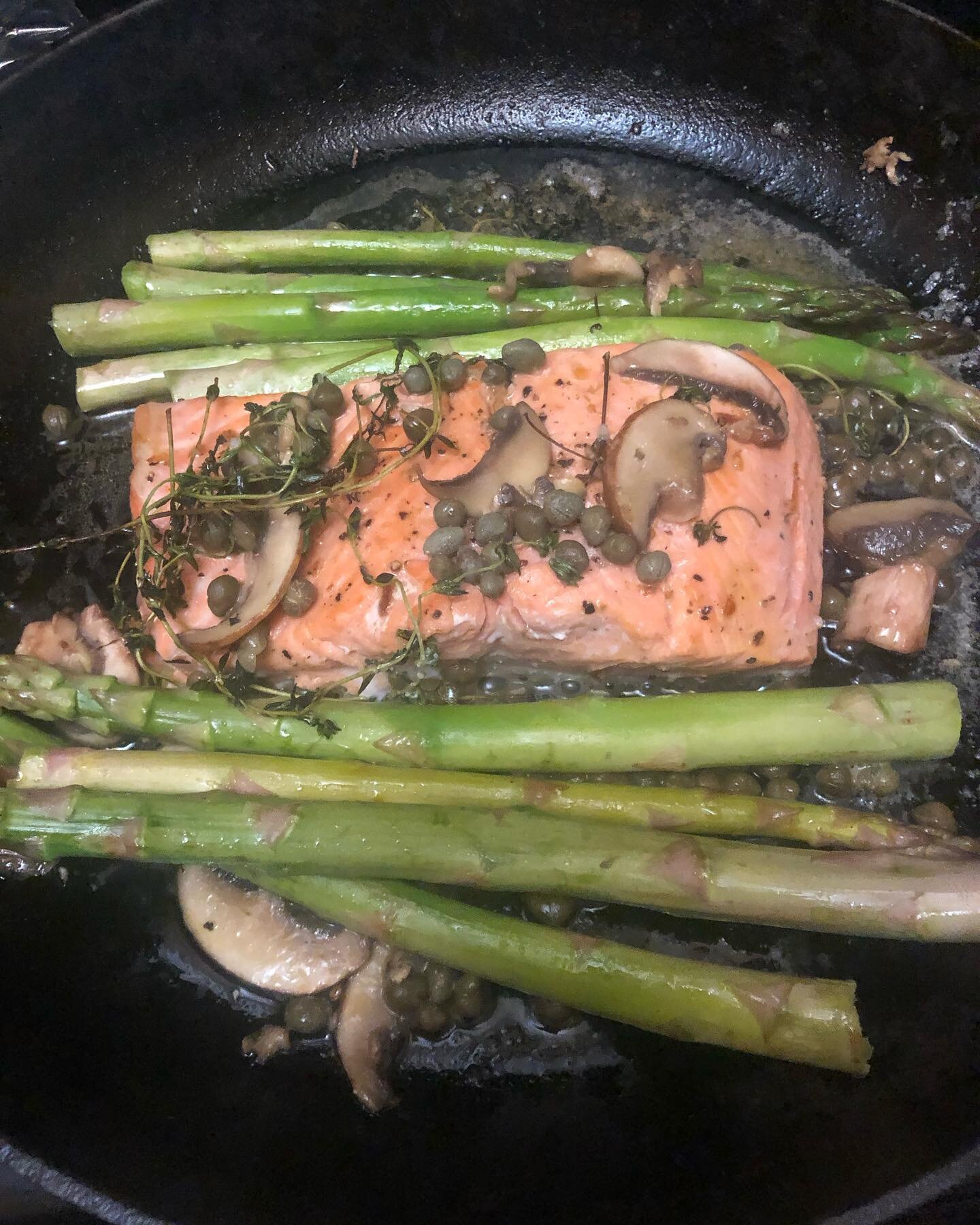 What a wonderful Sunday supper!  I made wild caught salmon with mushrooms, capers and lemon butter sauce with asparagus and a baked sweet potato. Also, a Moroccan sweet potato and lentil soup on simmer for my soup of the week. 
.
.
.
#passport2cuisin