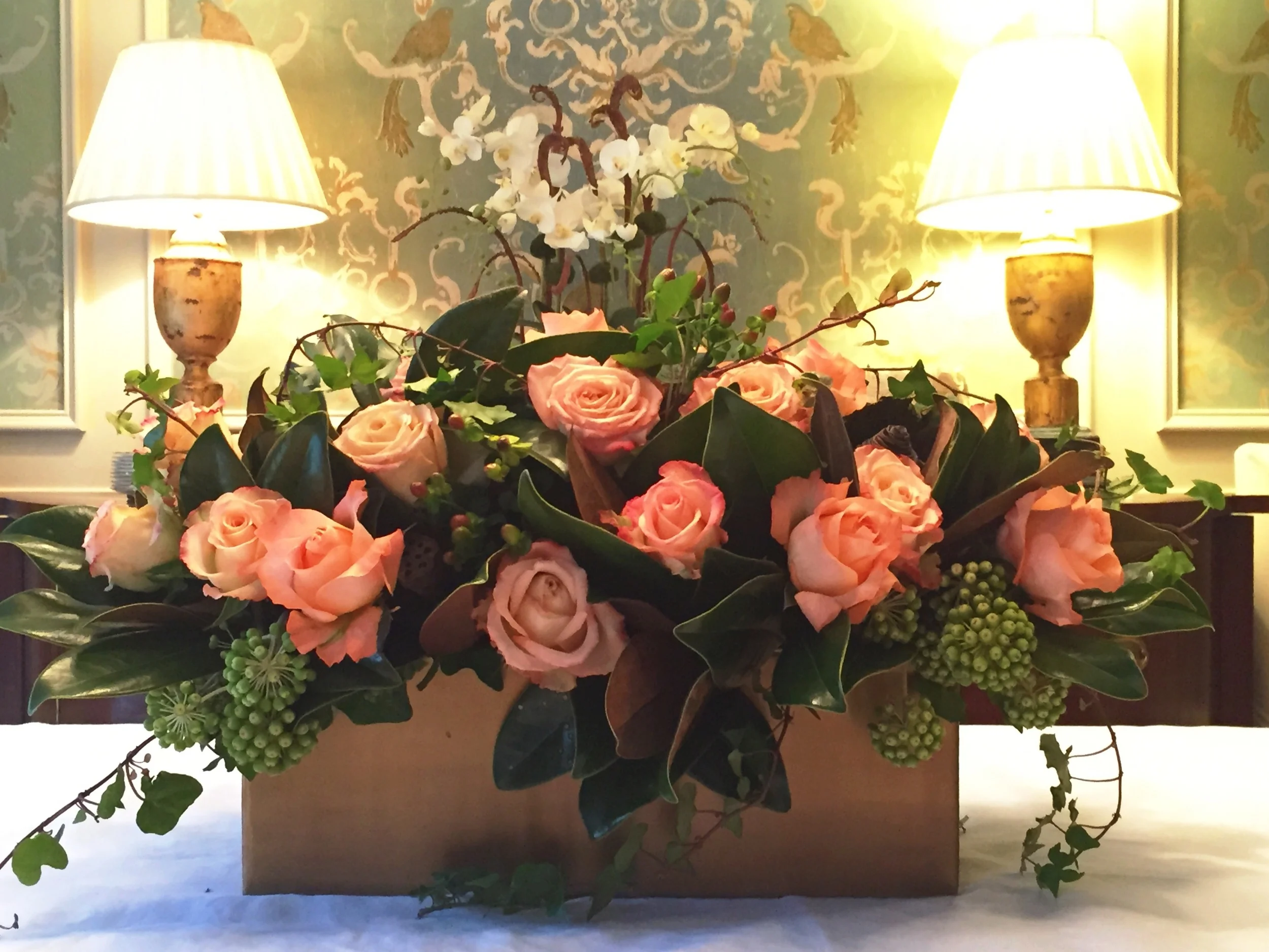 Coral Roses in long container--Temple.jpg