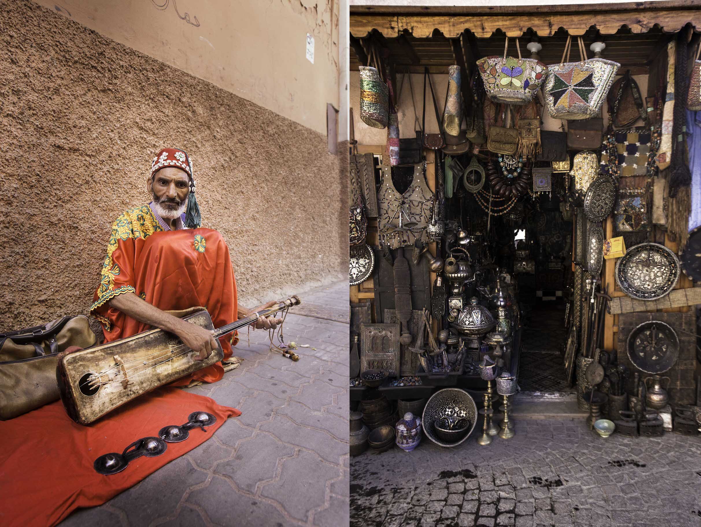 A local playing his Sintir and Krakeb Bells below and one of many local lovely shop in the Old Town Medina.