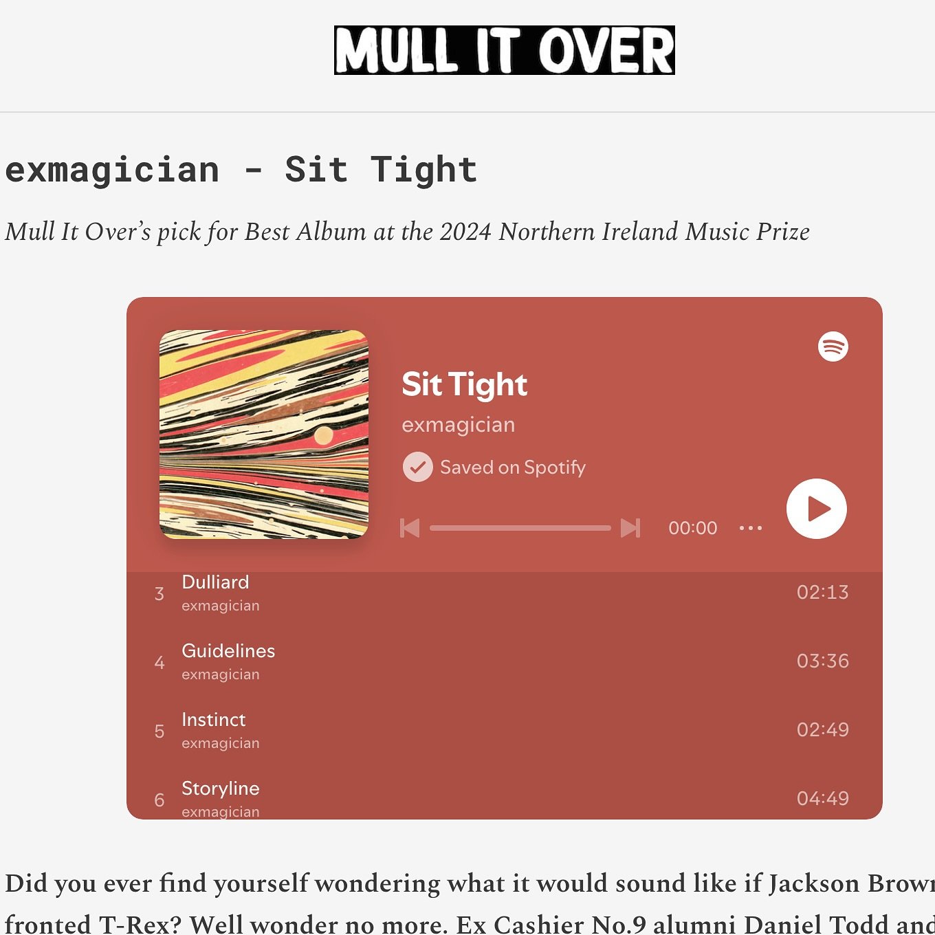 Thanks @mullitoverfyi for choosing Sit Tight as their pick for the #nimusicprize album of the year 🤜🤛 Read their run through of all the nominees in the link in our stories. 👀