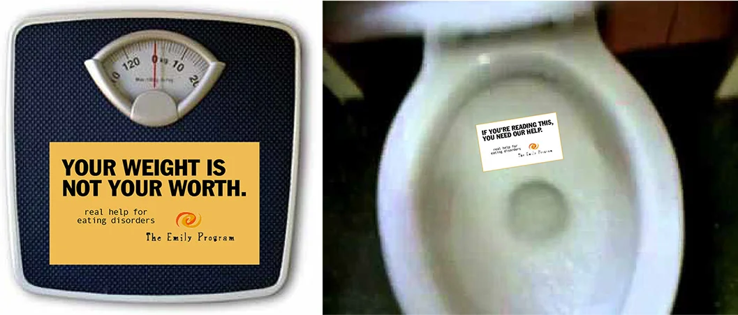  Scales from thrift stores were placed in guerilla locations with the numbers removed and positive message added.&nbsp;Communiques were also left in the bottom of (mostly) women's public toilets, with this message:&nbsp;If you're reading this, you ne